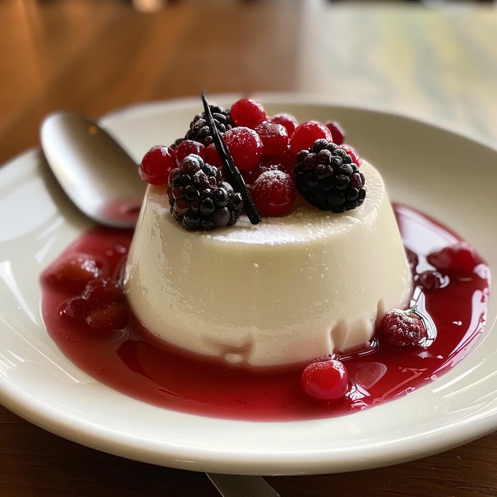 Side profile of Vanilla Bean Panna Cotta adorned with a glossy berry compote, highlighting its creamy appearance.