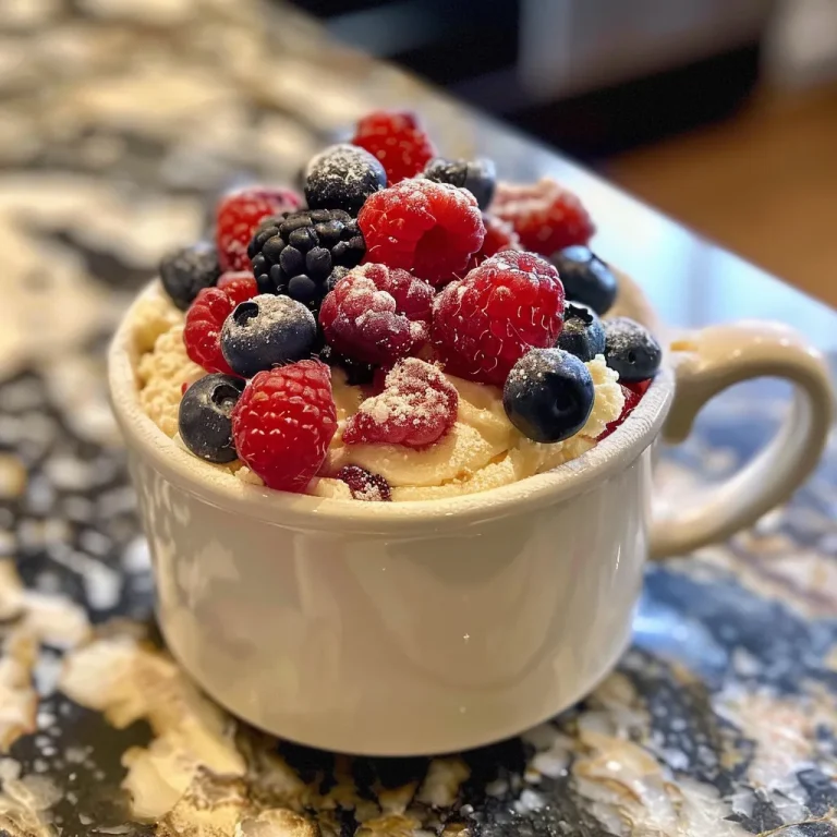 Quick Joy: Crafting a Delightful Vanilla Berry Cake in a Mug A mug filled with Vanilla Berry Cake, highlighting blueberries, raspberries, and blackberries.
