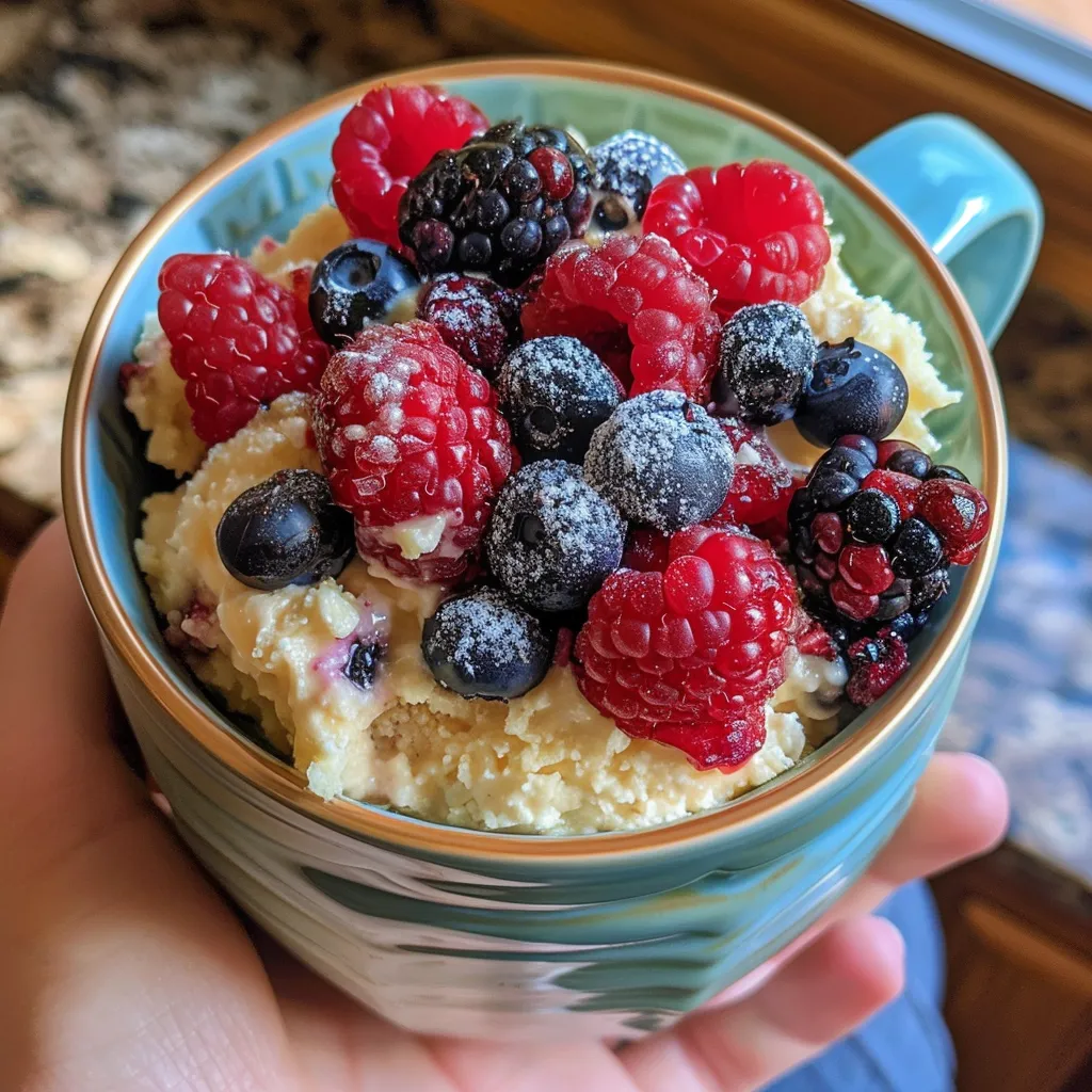 Delicious Vanilla Berry Cake in a Mug captured in a close-up, emphasizing its moist texture and ingredients.