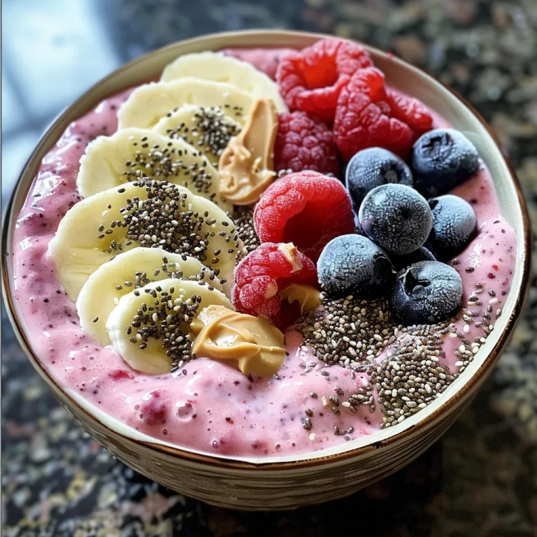 Close-up side view of a vibrant Vanilla Berry Protein Smoothie Bowl topped with fresh berries and granola.