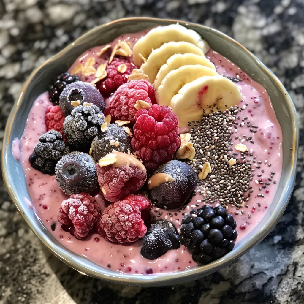 Thick and creamy smoothie bowl featuring frozen mixed berries, banana chunks, and chia seeds.
