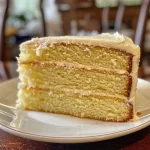 Close-up side view of a moist vanilla cake showcasing its layers and frosting.