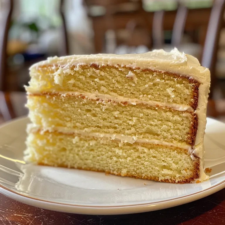 Close-up side view of a moist vanilla cake showcasing its layers and frosting.