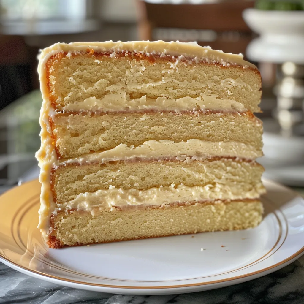 Detailed view of a vanilla cake slice with creamy frosting and a soft texture.