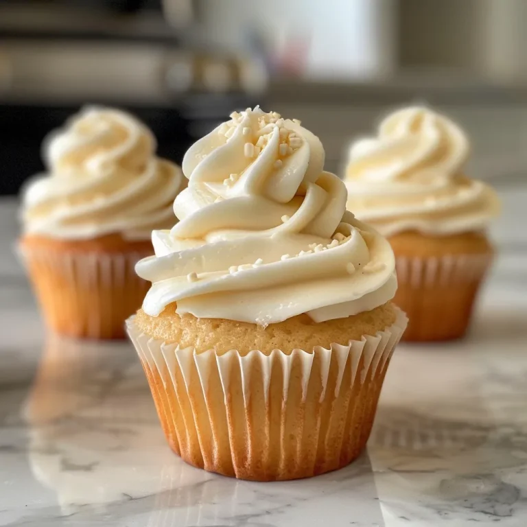 Close-up side view of decorated vanilla cupcakes with creamy frosting.