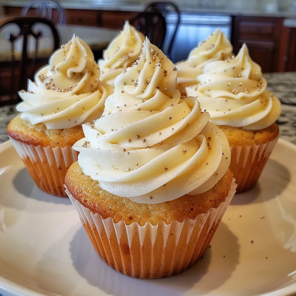 Side profile of fluffy vanilla cupcakes topped with white icing and sprinkles.