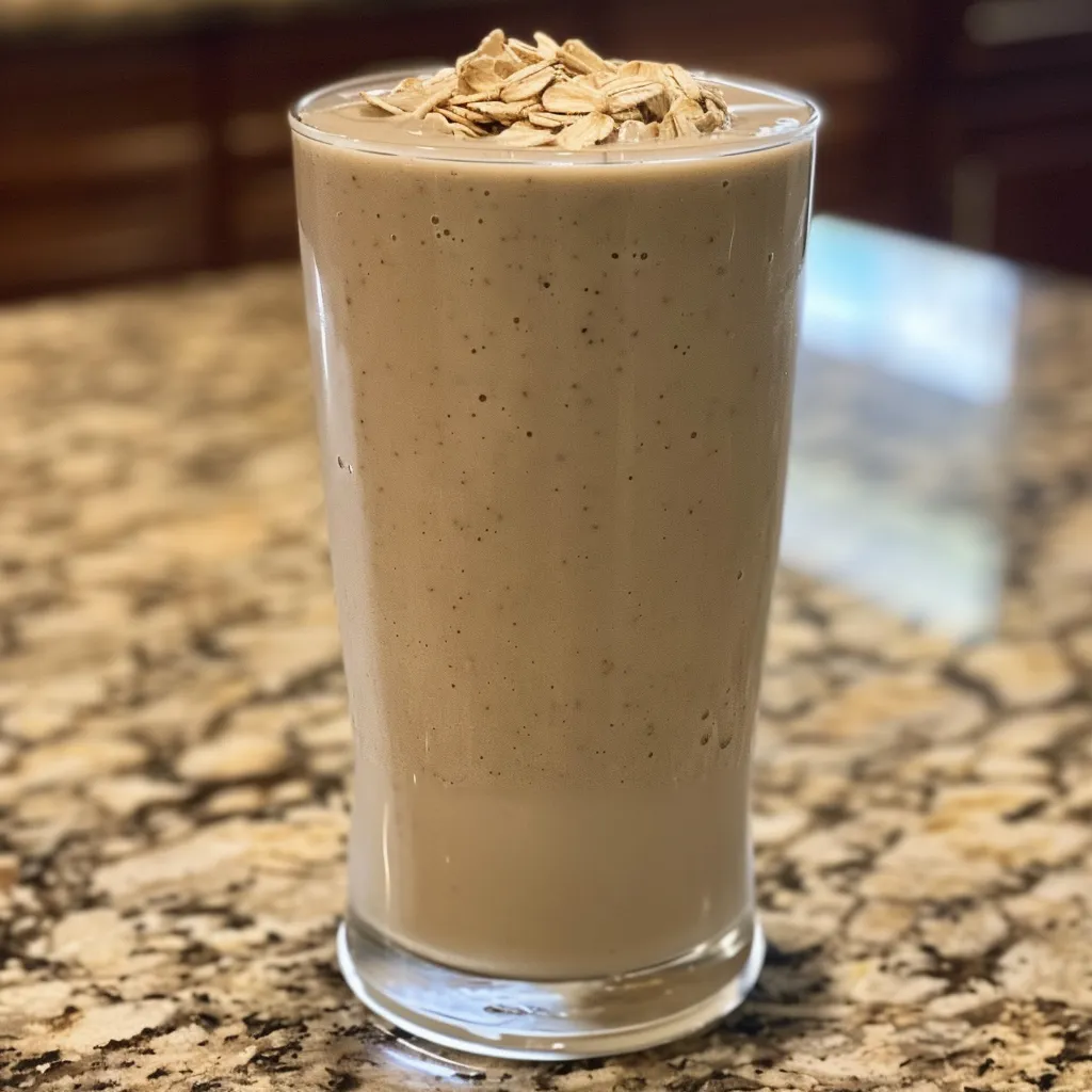 Side view of a refreshing vanilla protein smoothie with oats and a hint of cinnamon.