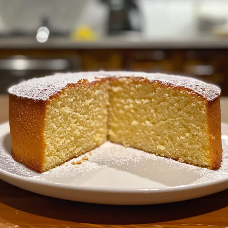 A close-up side view of a moist vanilla sponge cake with a golden-brown crust.