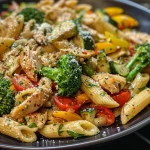 Close-up view of a colorful Vegetable-Packed Chicken Pasta Primavera dish featuring vibrant vegetables and pasta.
