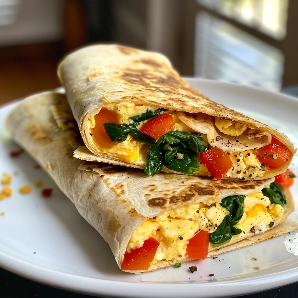 Side view of a delicious veggie breakfast egg wrap, showcasing the filling and tortilla.