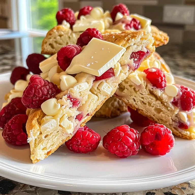 Indulge in Bliss: The Art of Making White Chocolate Raspberry Scones Juicy raspberry and white chocolate scones displaying flaky layers and vibrant colors.