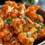 ['Close-up of crispy Air Fryer Buffalo Cauliflower, golden and garnished with fresh parsley.', 'Side view of juicy buffalo cauliflower florets, drizzled with ranch dressing.', 'A serving of Air Fryer Buffalo Cauliflower, highlighted with vibrant buffalo sauce.', 'Appetizing Air Fryer Buffalo Cauliflower pieces, freshly cooked and ready to eat.']