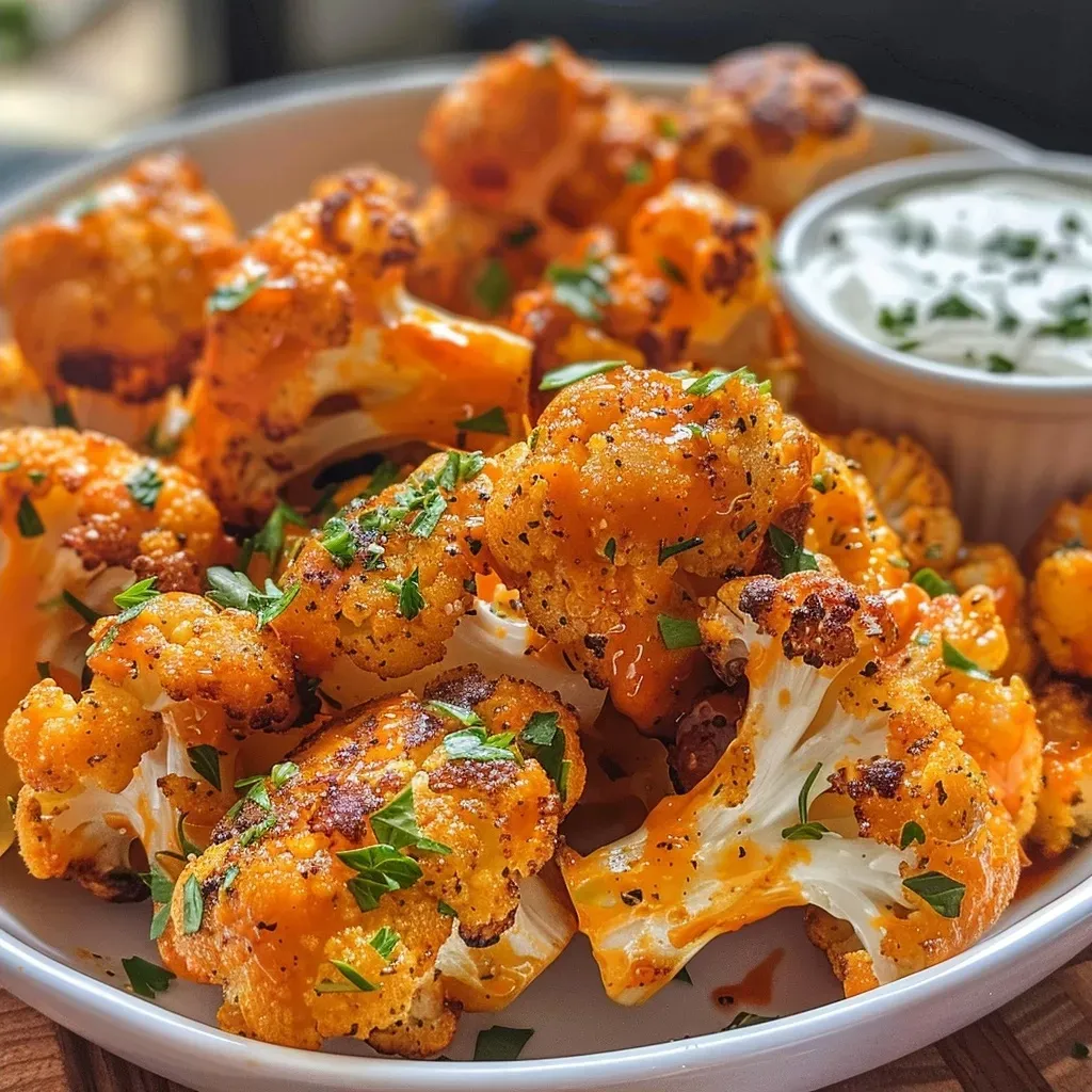 ['Close-up of crispy Air Fryer Buffalo Cauliflower, golden and garnished with fresh parsley.', 'Side view of juicy buffalo cauliflower florets, drizzled with ranch dressing.', 'A serving of Air Fryer Buffalo Cauliflower, highlighted with vibrant buffalo sauce.', 'Appetizing Air Fryer Buffalo Cauliflower pieces, freshly cooked and ready to eat.']