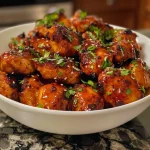 ['Close-up view of crispy honey BBQ chicken bites garnished with sauce.', 'Juicy chicken pieces coated in a glistening honey BBQ glaze.', 'Fried chicken bites in a bowl with a rich honey BBQ sauce.', 'Side view of golden brown chicken cubes with BBQ drizzle.']