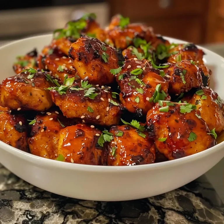 ['Close-up view of crispy honey BBQ chicken bites garnished with sauce.', 'Juicy chicken pieces coated in a glistening honey BBQ glaze.', 'Fried chicken bites in a bowl with a rich honey BBQ sauce.', 'Side view of golden brown chicken cubes with BBQ drizzle.']