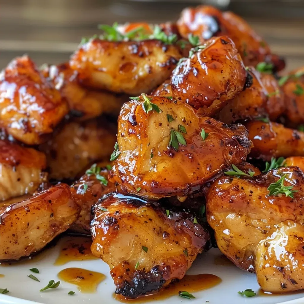 ['Close-up view of crispy honey BBQ chicken bites garnished with sauce.', 'Juicy chicken pieces coated in a glistening honey BBQ glaze.', 'Fried chicken bites in a bowl with a rich honey BBQ sauce.', 'Side view of golden brown chicken cubes with BBQ drizzle.']