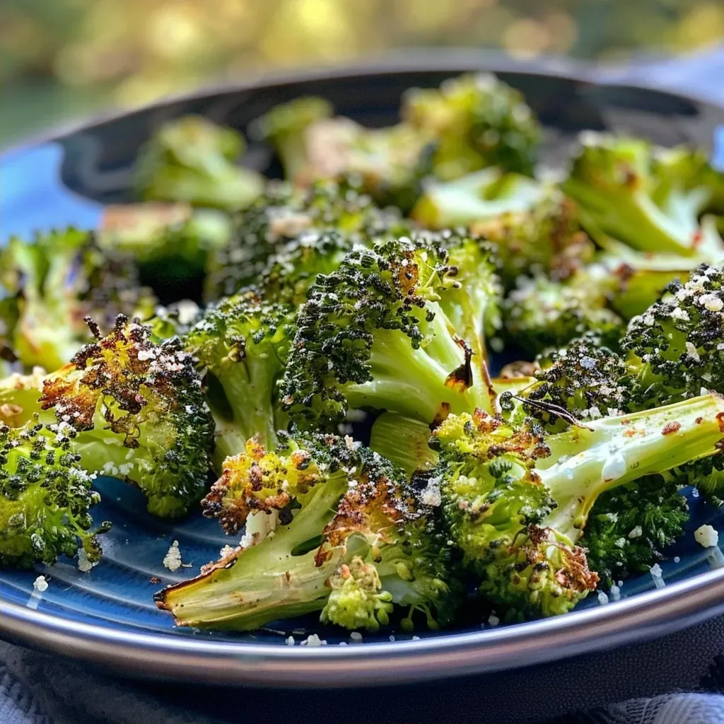 Close-up view of roasted broccoli florets with a golden-brown finish.