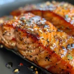['Juicy Air Fryer salmon fillets with a glossy glaze and minced garlic.', 'Close-up of perfectly cooked salmon filets glistening with honey and soy sauce.', 'Side view of two succulent salmon fillets garnished with minced garlic and spices.', 'Deliciously plated Air Fryer salmon with a shiny coating, showcasing its texture.']