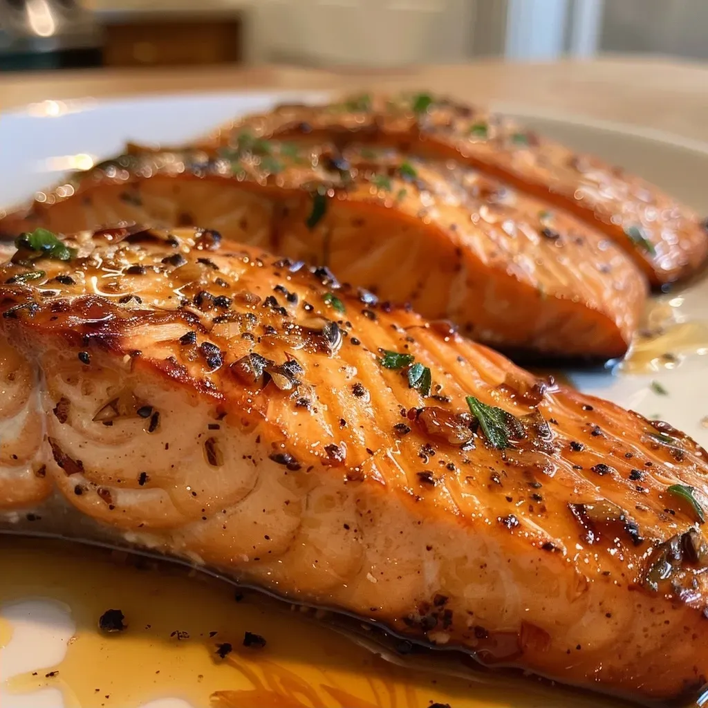 ['Juicy Air Fryer salmon fillets with a glossy glaze and minced garlic.', 'Close-up of perfectly cooked salmon filets glistening with honey and soy sauce.', 'Side view of two succulent salmon fillets garnished with minced garlic and spices.', 'Deliciously plated Air Fryer salmon with a shiny coating, showcasing its texture.']