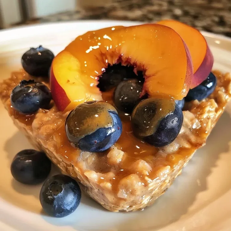 ['Close-up view of Almond Butter Peach Blueberry Oatmeal Cups with fresh fruits.', 'Savory oatmeal cups featuring almond butter, peach, and blueberry against a rustic background.', 'Side view of oatmeal cups filled with diced peaches and blueberries.', 'Plated Almond Butter Peach Blueberry Oatmeal Cups garnished with peach slices.']