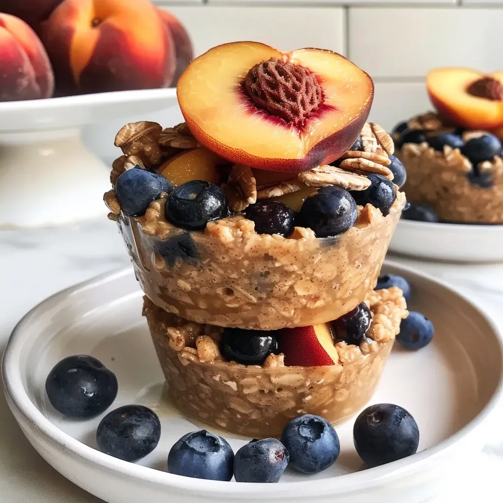 ['Close-up view of Almond Butter Peach Blueberry Oatmeal Cups with fresh fruits.', 'Savory oatmeal cups featuring almond butter, peach, and blueberry against a rustic background.', 'Side view of oatmeal cups filled with diced peaches and blueberries.', 'Plated Almond Butter Peach Blueberry Oatmeal Cups garnished with peach slices.']