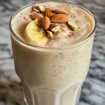 ['Close-up view of a creamy almond milk smoothie in a glass with a straw.', 'Side angle photo of a delicious almond milk smoothie with bananas and almonds.', 'Close-up image of a vibrant almond milk smoothie topped with almond slices.', 'Detailed shot of a refreshing almond milk smoothie made with frozen bananas.']