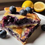 A close-up view of baked blueberry lemon pancake squares, showcasing juicy blueberries and a golden crust.