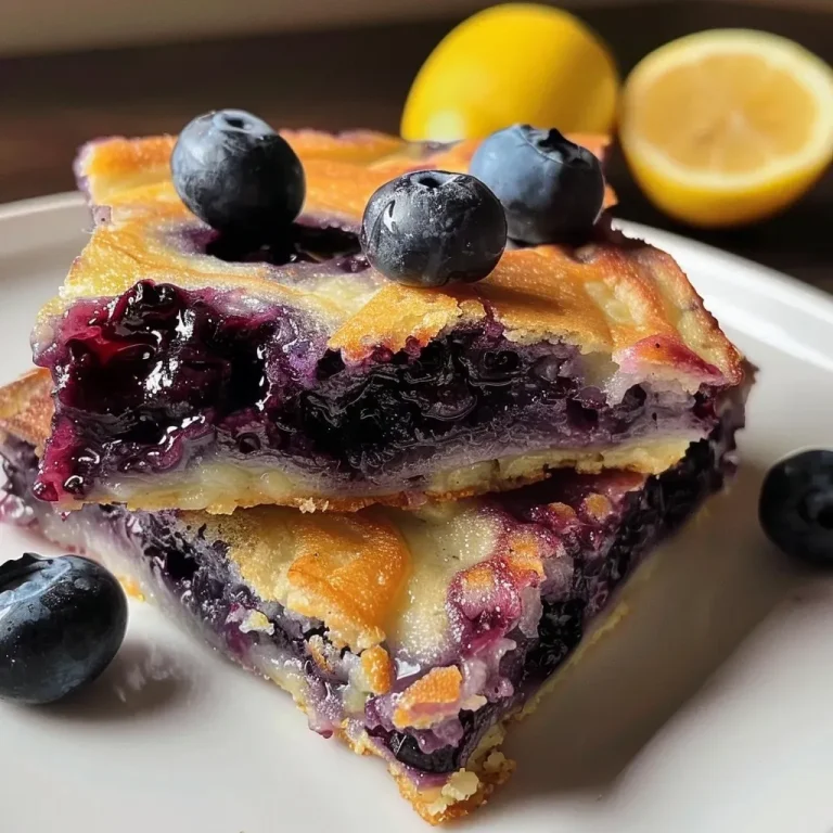 A close-up view of baked blueberry lemon pancake squares, showcasing juicy blueberries and a golden crust.
