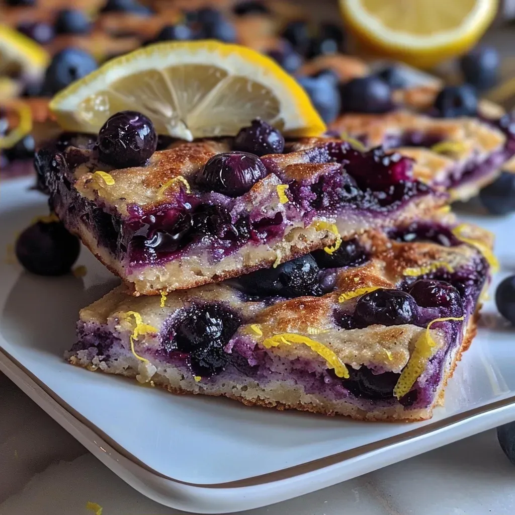 Close-up view of baked blueberry lemon pancake squares topped with fresh blueberries.
