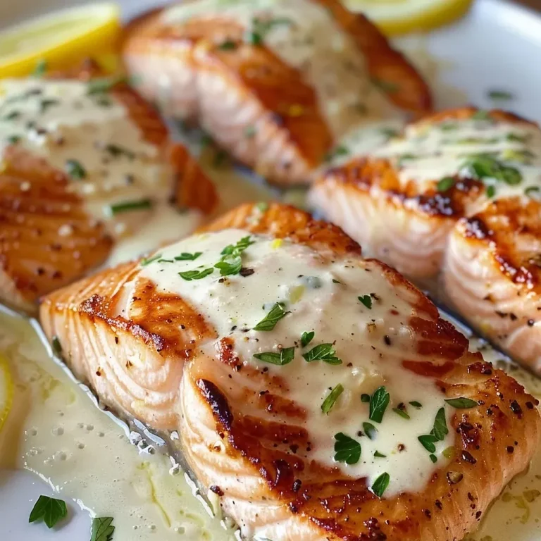 ['Close-up of a beautifully plated baked salmon fillet with a creamy lemon butter sauce.', 'Side view of juicy baked salmon topped with lemon butter cream sauce and garnished with parsley.', 'Appetizing presentation of baked salmon with a rich lemon sauce, served on a white plate.', 'Succulent salmon fillet drizzled with lemon butter cream sauce, showcasing fresh lemon slices.']