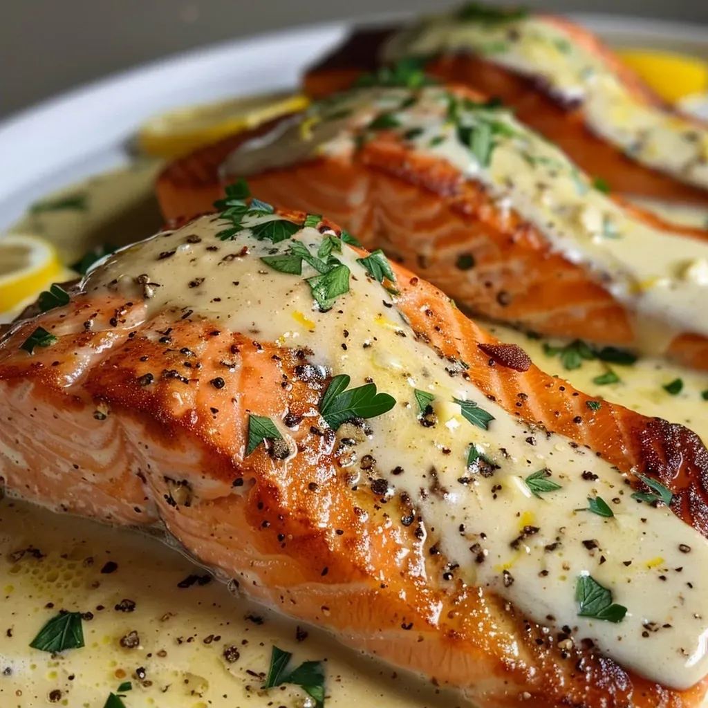 ['Close-up of a beautifully plated baked salmon fillet with a creamy lemon butter sauce.', 'Side view of juicy baked salmon topped with lemon butter cream sauce and garnished with parsley.', 'Appetizing presentation of baked salmon with a rich lemon sauce, served on a white plate.', 'Succulent salmon fillet drizzled with lemon butter cream sauce, showcasing fresh lemon slices.']