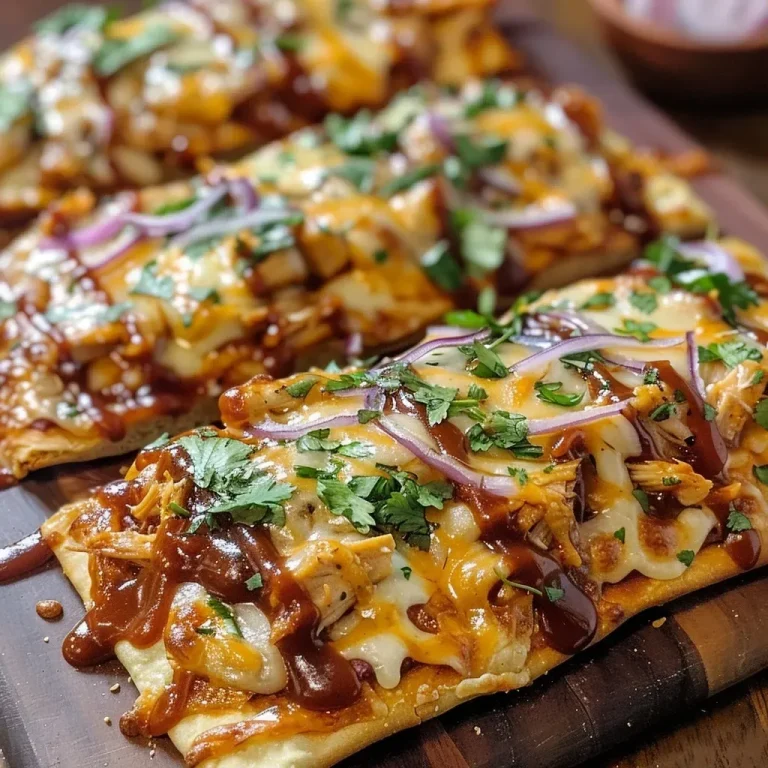 ['Close-up view of BBQ chicken flatbread topped with melted cheese and sliced red onion.', 'Side view of a BBQ chicken flatbread showing juicy shredded chicken and fresh cilantro.', 'Delicious BBQ chicken flatbread featuring a drizzle of BBQ sauce and vibrant toppings.', 'Close-up photograph of a naan flatbread with BBQ chicken, cheese, and red onion.']