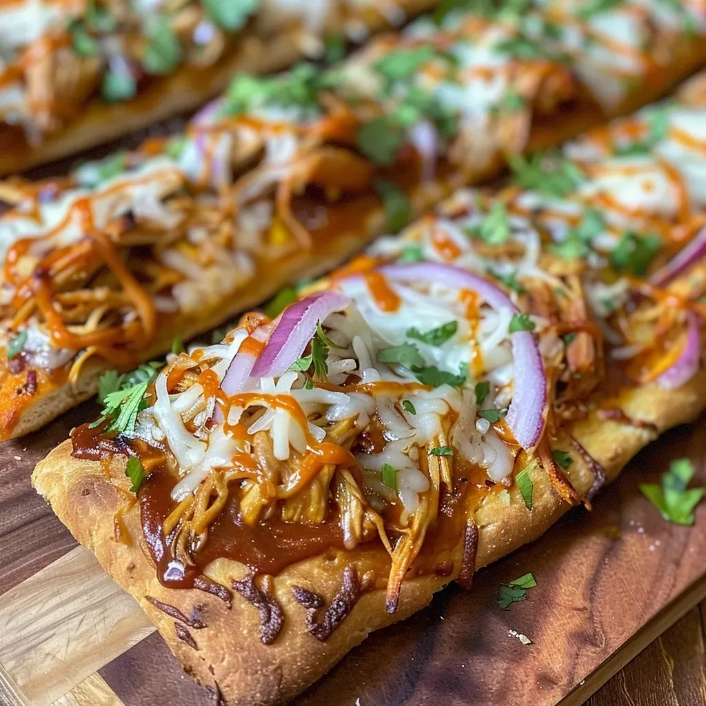 ['Close-up view of BBQ chicken flatbread topped with melted cheese and sliced red onion.', 'Side view of a BBQ chicken flatbread showing juicy shredded chicken and fresh cilantro.', 'Delicious BBQ chicken flatbread featuring a drizzle of BBQ sauce and vibrant toppings.', 'Close-up photograph of a naan flatbread with BBQ chicken, cheese, and red onion.']
