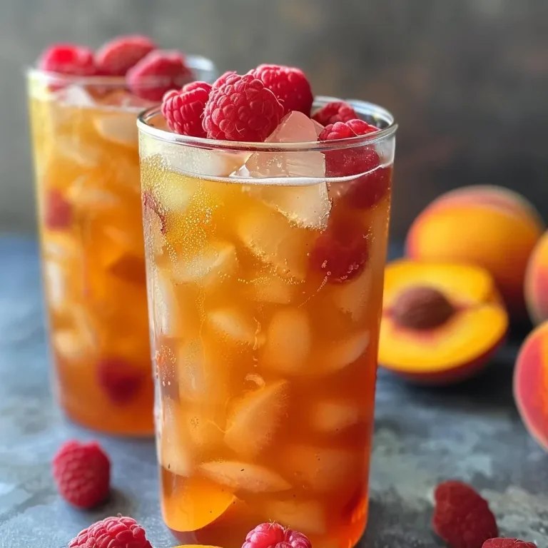 ['Close-up view of a glass of Bellini Peach Raspberry Iced Tea with fresh fruit garnishes.', 'Side view of a refreshing iced tea with peach and raspberry, served over ice.', 'Glass filled with Bellini Peach Raspberry Iced Tea, showcasing vibrant colors and fruit garnishes.', 'Iced tea drink featuring peach nectar and raspberry puree, garnished with fresh peaches and raspberries.']
