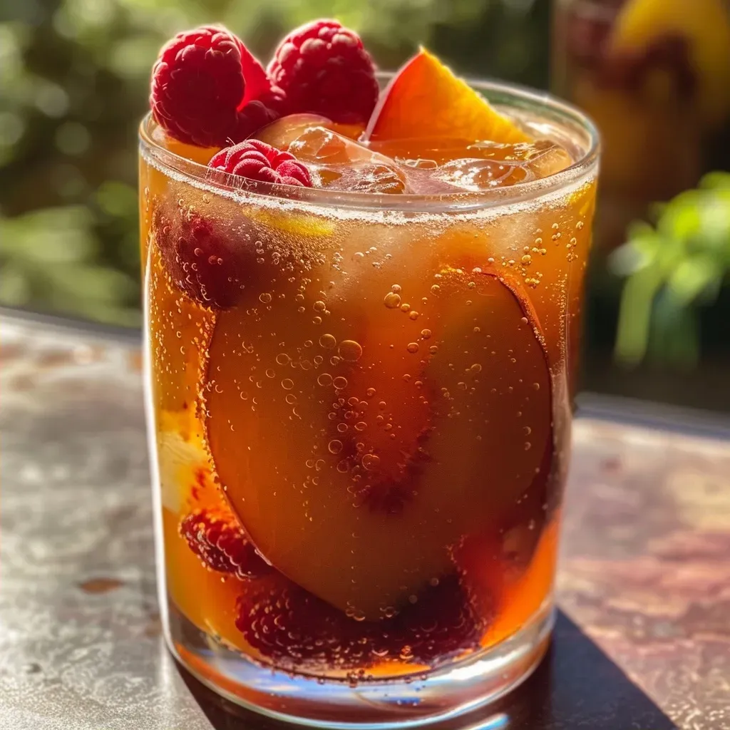 Close-up view of a glass of Bellini Peach Raspberry Iced Tea with fresh fruit garnishes.