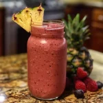 ['Close-up of a vibrant Berry Pineapple Smoothie in a clear glass with a straw.', 'Side view of a thick Berry Pineapple Smoothie topped with fresh fruit slices.', 'Juicy Berry Pineapple Smoothie displayed in an iPhone 15 Pro photograph.', 'Colorful smoothie made with berries and pineapple, shown in a clear cup.']