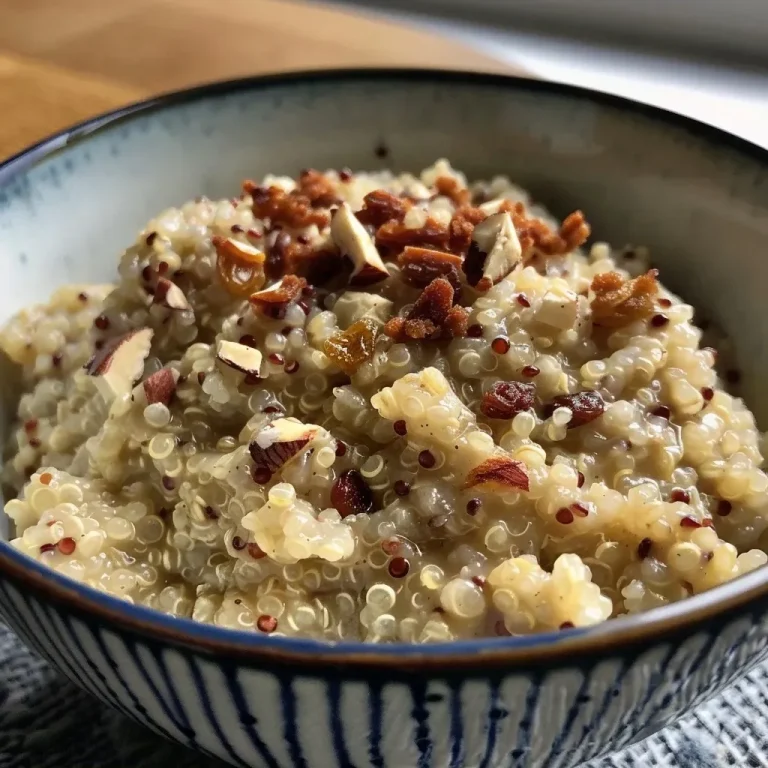 ['Close-up side view of a bowl filled with vibrant Breakfast Quinoa topped with raisins and coconut.', 'A detailed shot of a creamy Breakfast Quinoa dish featuring scattered chocolate chips and a sprinkle of cinnamon.', 'An inviting side view of Breakfast Quinoa in a bowl, showcasing its rich texture and toppings.', 'A visually appealing close-up of Breakfast Quinoa, highlighting its colorful ingredients and creamy consistency.']