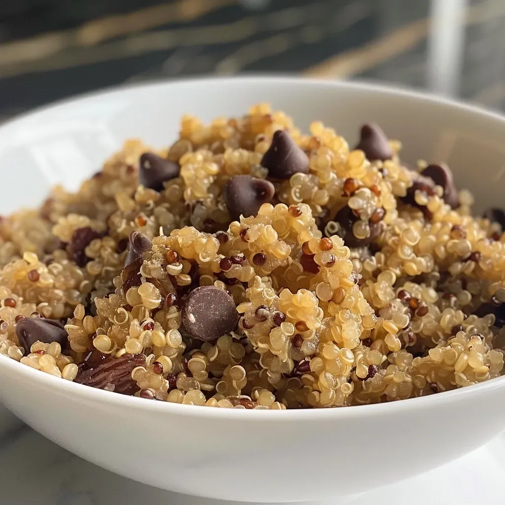 ['Close-up side view of a bowl filled with vibrant Breakfast Quinoa topped with raisins and coconut.', 'A detailed shot of a creamy Breakfast Quinoa dish featuring scattered chocolate chips and a sprinkle of cinnamon.', 'An inviting side view of Breakfast Quinoa in a bowl, showcasing its rich texture and toppings.', 'A visually appealing close-up of Breakfast Quinoa, highlighting its colorful ingredients and creamy consistency.']