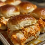 ['Close-up of juicy Buffalo Chicken Sliders on a platter.', 'Side view of delectable Buffalo Chicken Sliders with melted cheese.', 'A plate of crispy Buffalo Chicken Sliders with sauce and toppings.', 'Freshly made Buffalo Chicken Sliders stacked, showcasing ingredients.']