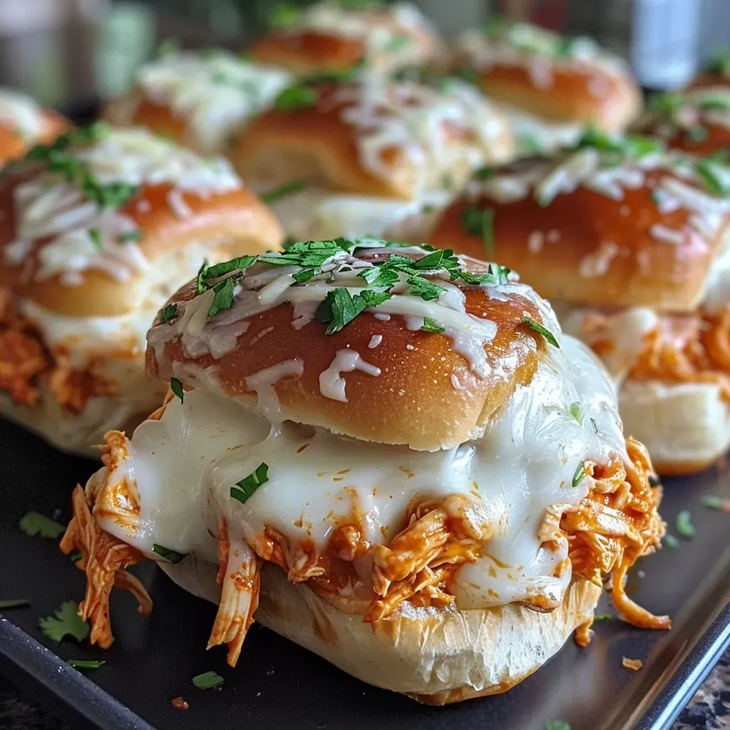 ['Close-up of juicy Buffalo Chicken Sliders on a platter.', 'Side view of delectable Buffalo Chicken Sliders with melted cheese.', 'A plate of crispy Buffalo Chicken Sliders with sauce and toppings.', 'Freshly made Buffalo Chicken Sliders stacked, showcasing ingredients.']