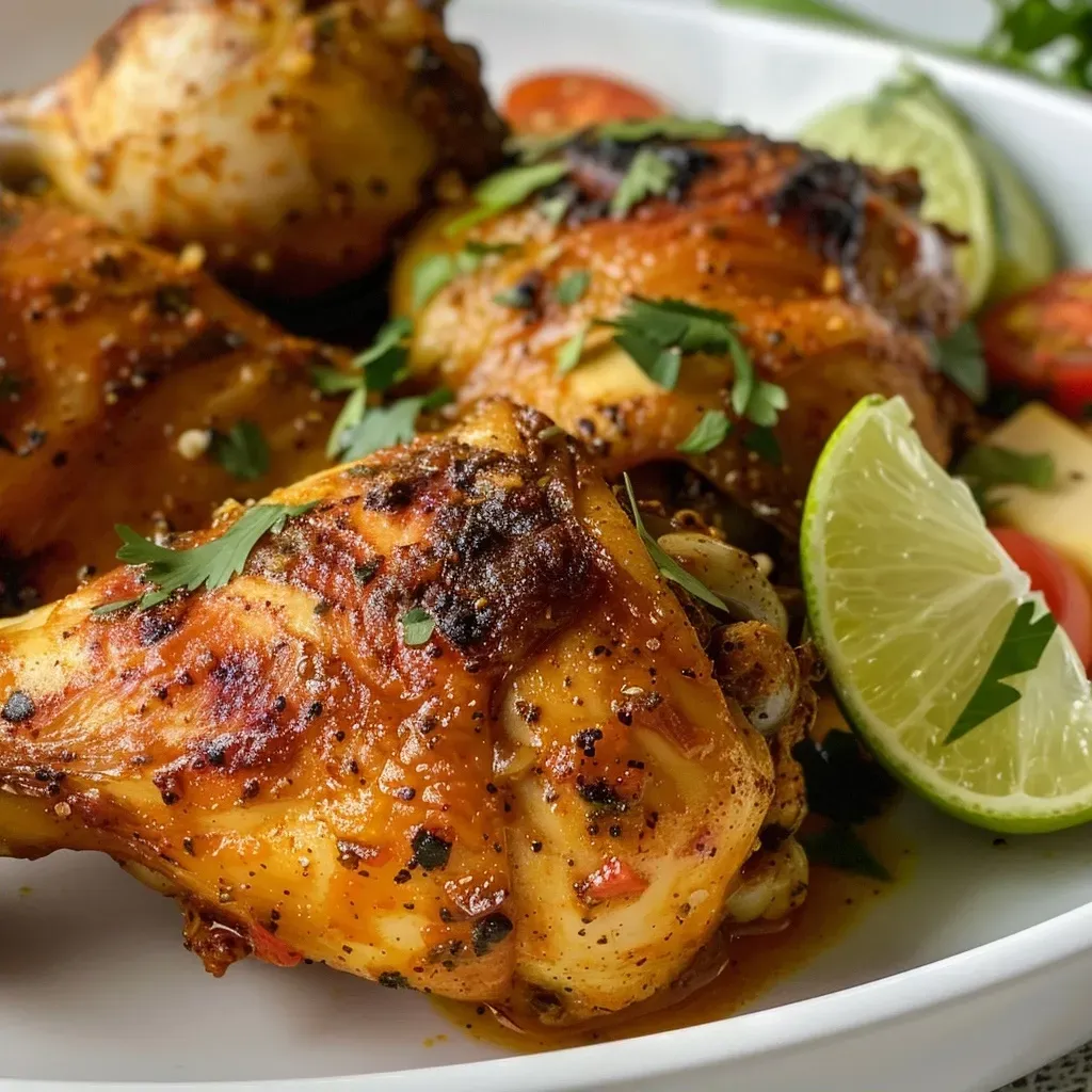 ['Close-up view of juicy Cajun chicken garnished with fresh cilantro.', 'Side perspective of Cajun chicken with melted cheese and tomatoes.', 'Juicy, golden-brown Cajun chicken breast topped with herbs and spices.', 'Savory Cajun chicken dish served with a lime wedge and vibrant colors.']
