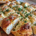 ['Close-up view of cheesy garlic pull-apart bread with a buttery, golden crust.', 'Side angle of freshly baked pull-apart bread, oozing with melted cheese and garlic.', 'Slice of cheesy garlic bread showcasing a fluffy interior filled with cheese and herbs.', 'Detailed close-up of pull-apart bread, highlighting gooey cheese and a crispy topping.']