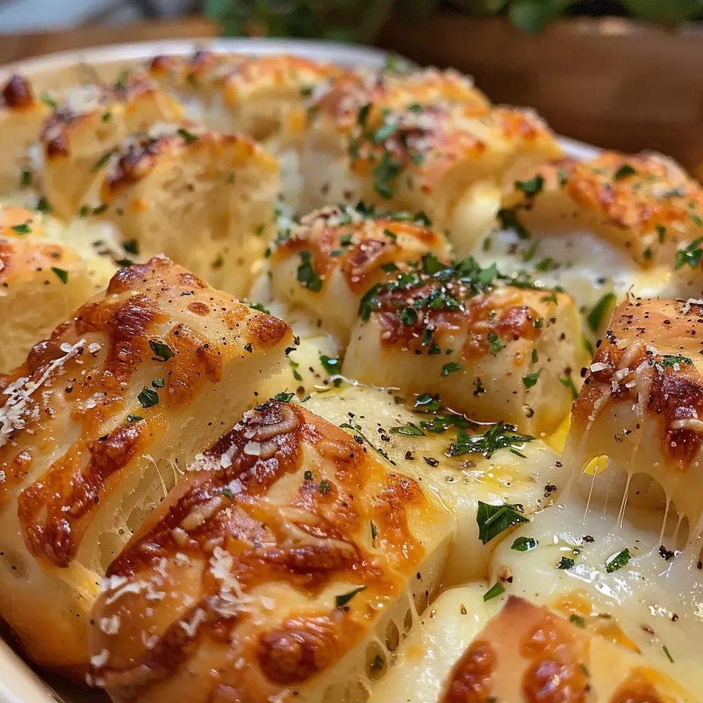 ['Close-up view of cheesy garlic pull-apart bread with a buttery, golden crust.', 'Side angle of freshly baked pull-apart bread, oozing with melted cheese and garlic.', 'Slice of cheesy garlic bread showcasing a fluffy interior filled with cheese and herbs.', 'Detailed close-up of pull-apart bread, highlighting gooey cheese and a crispy topping.']