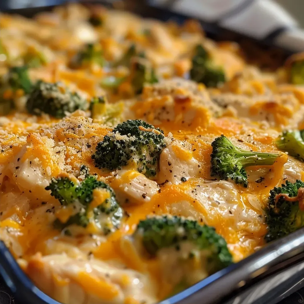 Close-up of a creamy Chicken Broccoli Bake with broccoli florets and melted cheese.