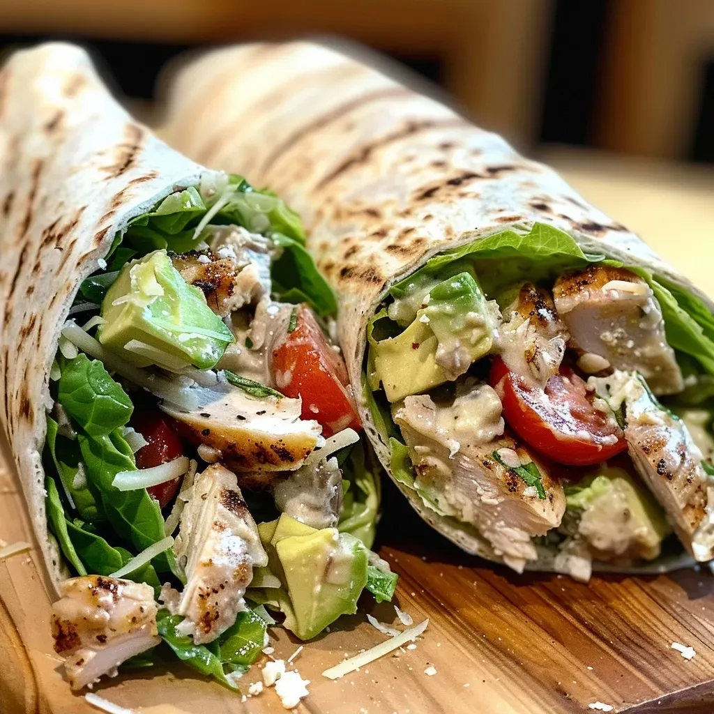 Juicy Chicken Caesar Wrap with fresh ingredients presented on a plate.