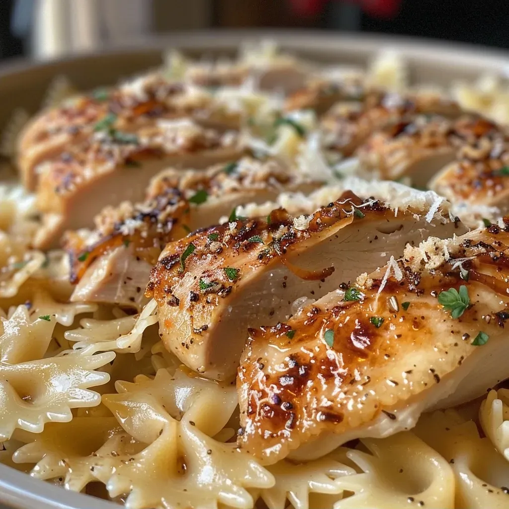 Close-up view of Chicken Garlic Parmesan Pasta with visible chicken and creamy sauce.