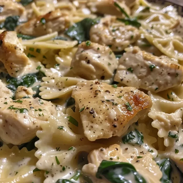 ['A close-up view of Chicken Spinach Alfredo with bowtie pasta and creamy sauce.', 'Juicy chunks of chicken and fresh spinach in a rich Alfredo sauce, served with pasta.', 'A side angle shot of a bowl of Chicken Spinach Alfredo featuring bowtie pasta.', 'Close-up of a delicious Chicken Spinach Alfredo dish, highlighting creamy texture and ingredients.']