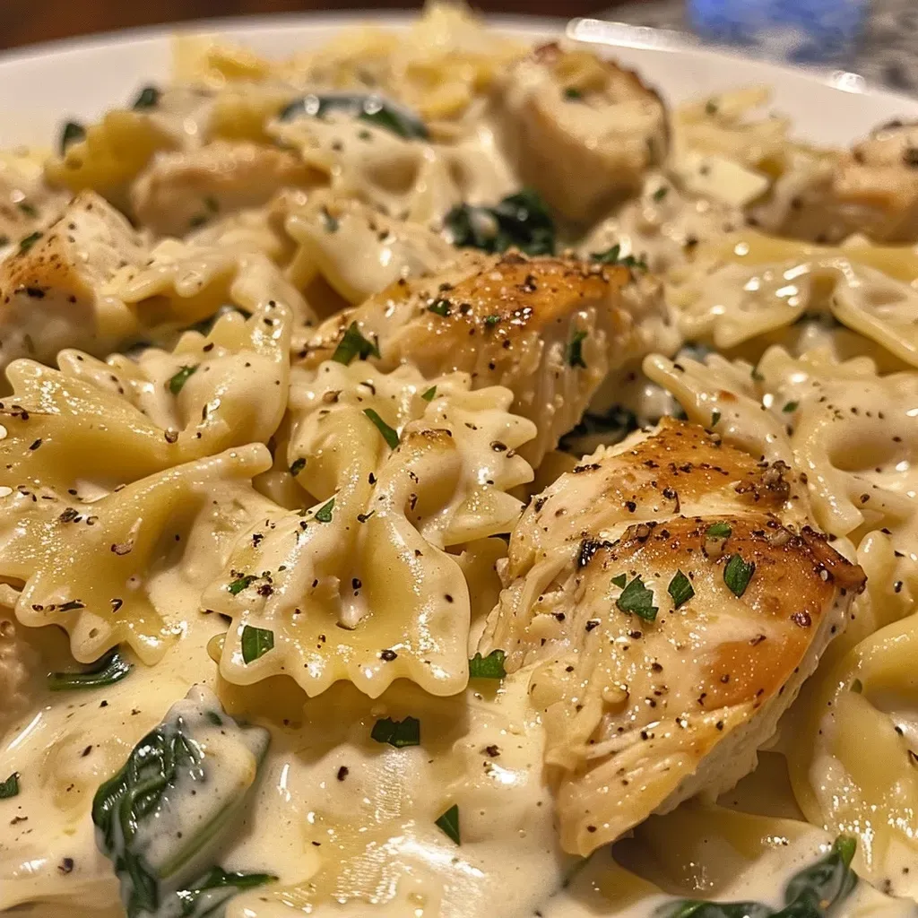 ['A close-up view of Chicken Spinach Alfredo with bowtie pasta and creamy sauce.', 'Juicy chunks of chicken and fresh spinach in a rich Alfredo sauce, served with pasta.', 'A side angle shot of a bowl of Chicken Spinach Alfredo featuring bowtie pasta.', 'Close-up of a delicious Chicken Spinach Alfredo dish, highlighting creamy texture and ingredients.']
