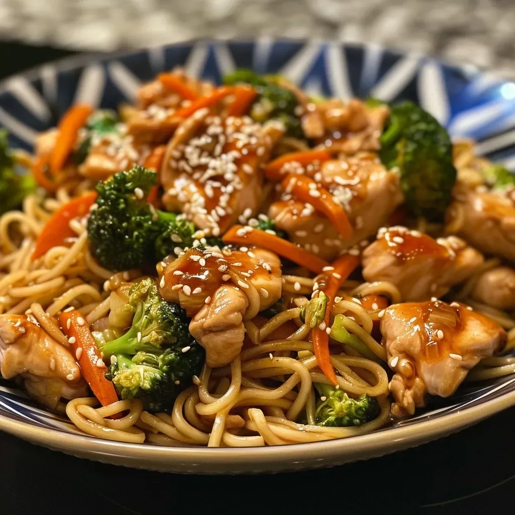 ['Close-up side view of Chicken Teriyaki Noodles with vibrant vegetables.', 'Aerial view of a bowl filled with Chicken Teriyaki Noodles and colorful ingredients.', 'Juicy Chicken Teriyaki Noodles displayed with broccoli, carrots, and garlic.', 'Deliciously plated Chicken Teriyaki Noodles showcasing tender chicken and noodles.']
