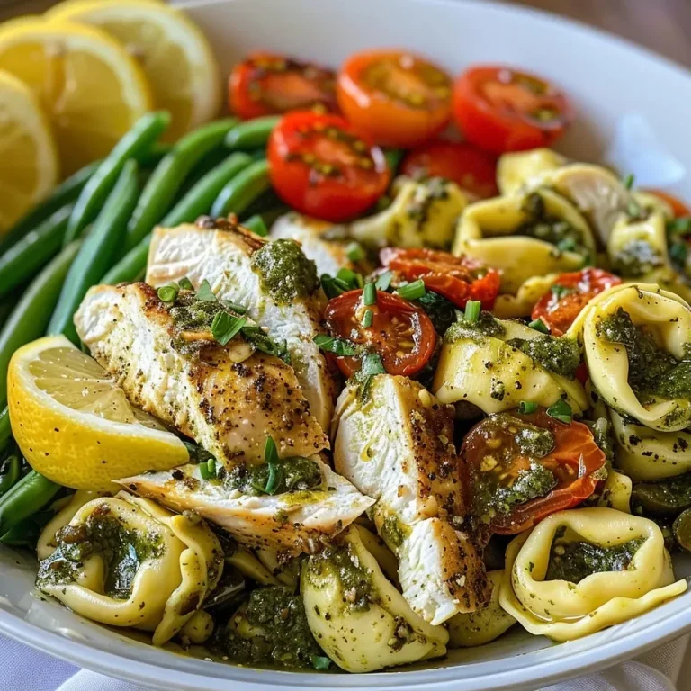 ['A close-up side view of Chicken Tortellini Pesto Bowls with vibrant colors.', 'Juicy Chicken Tortellini Pesto Bowls featuring sliced chicken, green beans, and grape tomatoes.', 'A visually appealing bowl of Chicken Tortellini Pesto, garnished with fresh basil and lemon.', 'Side view of a delicious Chicken Tortellini Pesto Bowl showcasing fresh ingredients.']